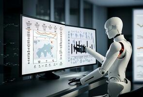 un humanoide robot mira a el monitor, examina y compara datos. ai generativo foto