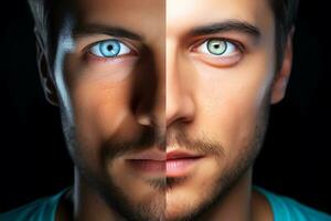 Comparative photo of a man before and after cosmetic keratopigmentation with a femtosecond laser. Blue eyes changed to green. AI Generative