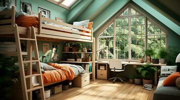 hermoso, espacioso y brillante habitación para adolescentes o estudiantes con un litera cama y grande ventanas ai generativo foto