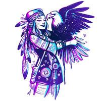 Neon art of a native hippie woman wearing feathers and hugging a flying eagle on her arm. Bohemian girl holding a wild bird. vector