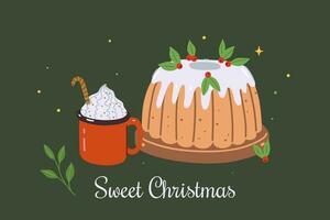 Christmas card or poster with dessert and drink. Vector graphics.