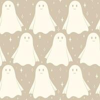 Doodle cute flying ghost Haloween beige seamless pattern. Background with simple spooky characters vector