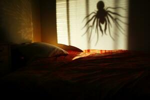 AI Generative. A huge shadow from a bed tick or spider falls on the bed at night. Concept of presence of parasitic insects indoors photo