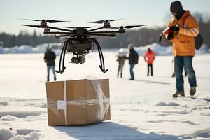 AI generative. Drone delivery of an order in a cardboard box to an ice skating rink photo