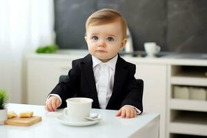 un linda rubio niño en un negocio traje es sentado a el mesa en el cocina. ai generativo foto