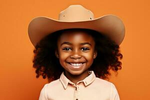 AI Generative. African American cowgirl child in light brown cowboy hat posing on orange background, smiling and looking at camera. Horizontal photo