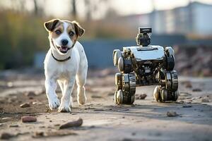 AI Generative.  A puppy and a small robot on wheels move together along the road during the daytime. Horizontal photo