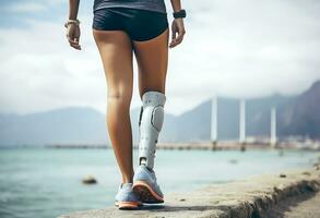 Prosthesis on the leg of a young disabled woman. A woman walks along the pier along the sea in cloudy weather. Legs close up. AI Generative photo