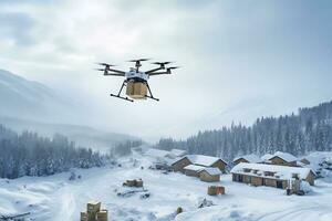 AI generative. Drone delivery of an order, food or medicine to the countryside, village or hard-to-reach areas in winter photo