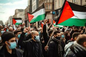 ai generativo. personas reunido con palestino banderas en apoyo de esta estado foto