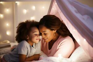 African American mother and daughter in pink clothes and in a pink children's room interior hugging and smiling.  AI Generative photo