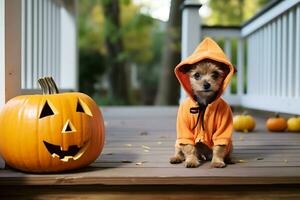 un perrito en un naranja capa se sienta en un de madera porche de un casa siguiente a un calabaza. Víspera de Todos los Santos celebracion concepto. ai generativo foto