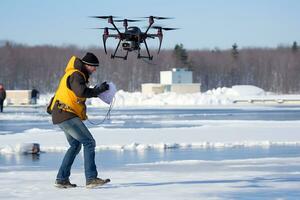 AI generative. Drone delivery of an order in a cardboard box to an ice skating rink photo