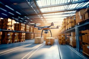 The drone flies around the warehouse and scans barcodes. AI Generative photo