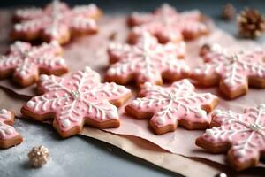 ai generativo. Navidad galletas en el forma de un rosado copo de nieve foto