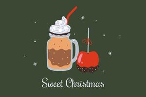 Christmas card or poster with dessert and drink. Vector graphics.