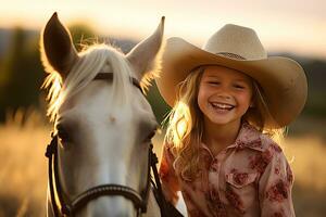 AI Generative. A cowgirl child in a light cowboy hat poses next to a pony. The girl looks at the camera and smiles. Horizontal photo