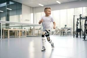 A disabled boy child with prostheses instead of legs trains in a rehabilitation center. AI Generative photo