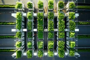 Vertical farm during the daytime. Drone view. AI Generative photo
