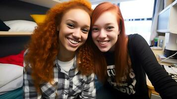 Two red-haired female students take a selfie in a student dorm room. Girls smiling and looking at the camera. AI Generative photo