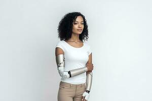 A disabled African American woman in a white T-shirt with prostheses instead of hands posing on a white background. AI Generative photo