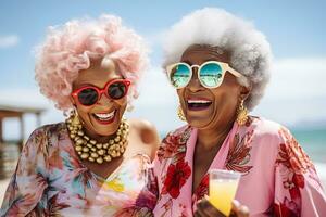 AI Generative. Two elderly African-American women in bright summer clothes with cocktails in their hands relax on the beach. Horizontal photo