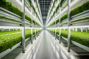 Interior of Smart Farm Greenhouse for vegetable cultivation. AI Generative photo