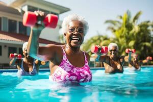 mayor mujer hacer agua aeróbicos en el al aire libre piscina. en atención contento más viejo africano americano mujer con mancuernas ai generativo foto
