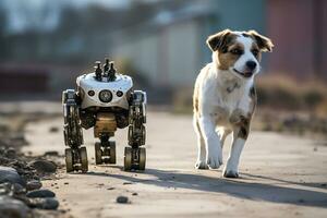 AI Generative. A puppy and a small robot on wheels move together along the road during the daytime. Horizontal photo