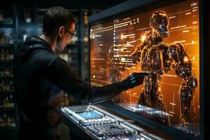 An engineer works at night to create a robot. The model of the robot is visible on the screen. AI Generative photo