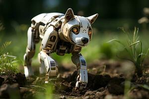 AI Generative. A robot dog moves across a field during the daytime. Horizontal photo