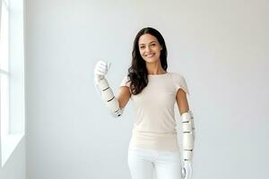 A Caucasian woman with a disability in a white T-shirt with prostheses instead of hands poses on a white background. Woman looking at the camera and smiling. AI Generative photo