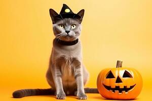 A gray cat in a hat poses on an orange background next to a pumpkin. AI Generative photo