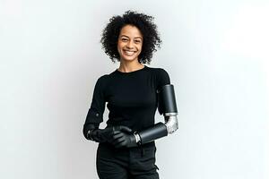 A disabled African American woman in black clothes with a prosthesis instead of a hand poses on a white background. Woman smiling and looking at the camera. AI Generative photo