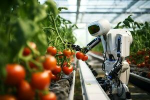 AI Generative. Modern Robot with artificial intelligence harvest organic plants in an urban greenhouse. New technologies in agriculture. Horizontal photo