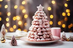 AI generative. Christmas cake in the shape of a pink Christmas tree decorated with stars photo