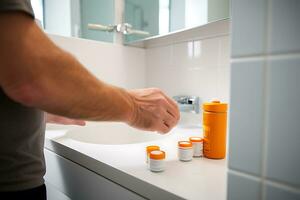 A man stands in the bathroom near the washbasin, next to him are bottles of pills. AI Generative photo