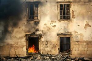 ai generativo. el edificio es en fumar y fuego como un resultado de el lucha. el ventanas son roto, allí es un fuego en el edificio foto