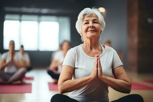 AI Generative. Elderly woman doing yoga in a fitness club. Horizontal photo