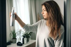 AI generative. A young brunette woman holds a spray in her hands and looks at it with disappointment. The problem of dull, brittle hair photo