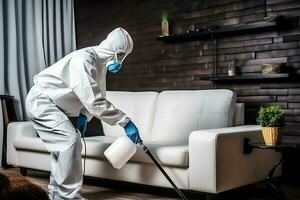 AI Generative. A disinfectant in a protective suit sprays furniture to get rid of bed bugs photo