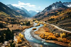 Top view of the beautiful autumn rocky landscape of the river, road and forest in autumn. AI Generative photo