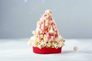 AI generative. Christmas popcorn in the shape of a Christmas tree or bell on a light background photo