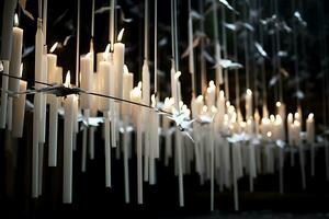 AI Generative. The table is decorated with many candles. Candles stand on the table, some candles float in decorated jars. Horizontal photo