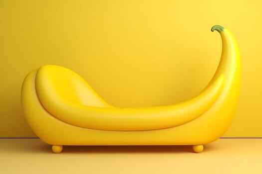 Yellow sofa in the form of a banana on a yellow background, 3D. AI Generative photo