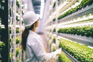 A female scientist in a white coat checks plant seedlings in a vertical farm. Woman standing with her back to the camera. AI Generative photo