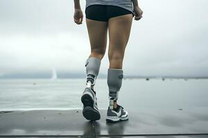 Prostheses on the legs of a young disabled woman. Woman posing against the backdrop of the sea in cloudy weather. Legs close up. AI Generative photo