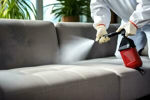 AI Generative. A disinfectant in a protective suit sprays furniture to get rid of bed bugs photo