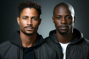 Two adult men of mixed and African American race in sportswear pose against a dark background. Young men look at the camera seriously. AI Generative photo