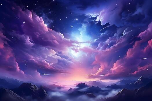 paisaje ilustración de púrpura y azul nubes en el noche cielo, cuales son iluminado por luz de la luna o luz de las estrellas. ai generativo foto